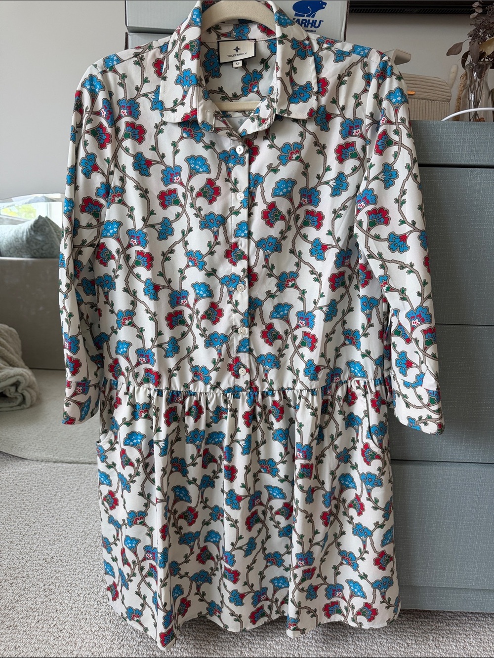 Tuckernuck Women's Floral Button-Front Dress in Cream with Blue & Red Flowers.